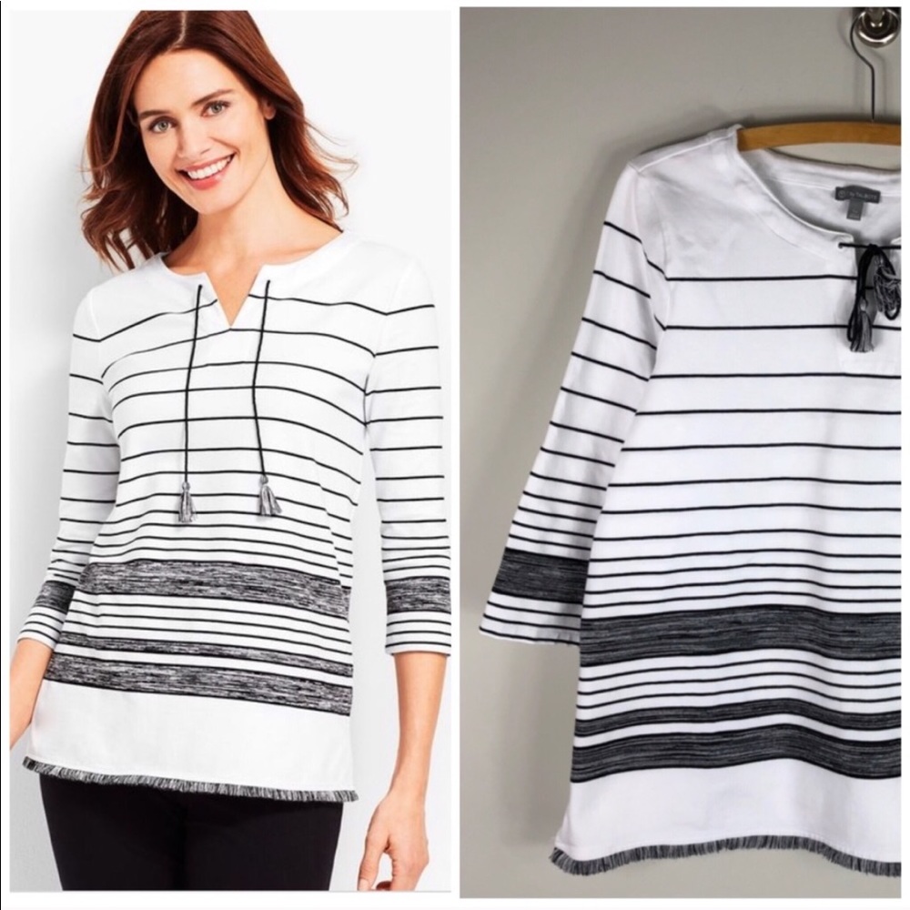 T by Talbots Striped Tassel Fringe Split Neck 226
